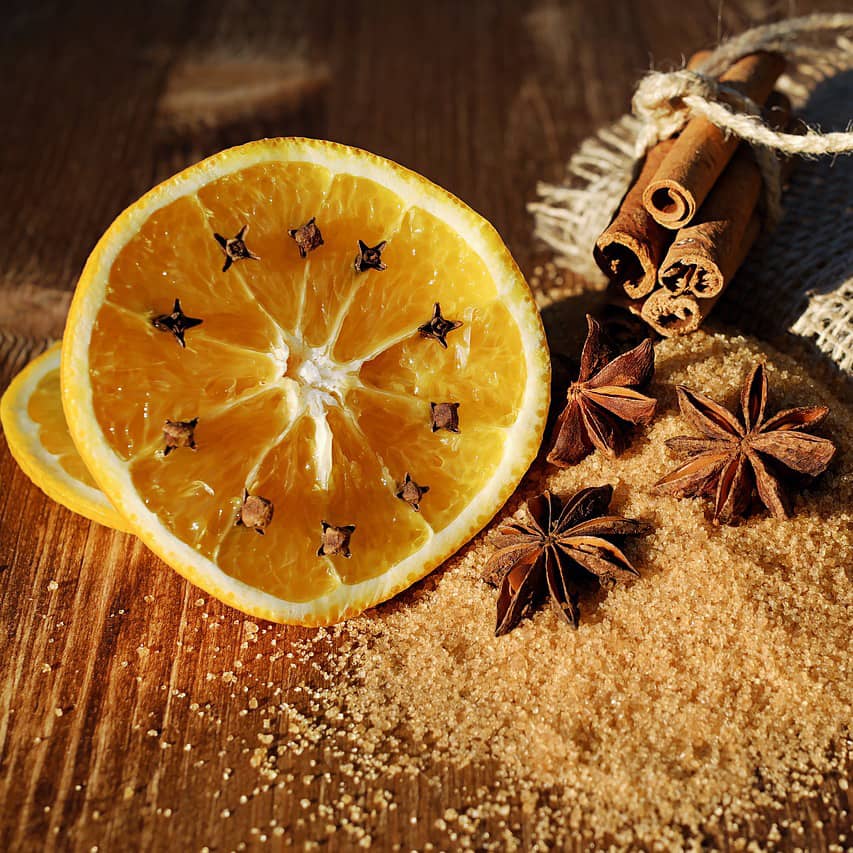 Rustic dried orange with cinnamon stick and star anise