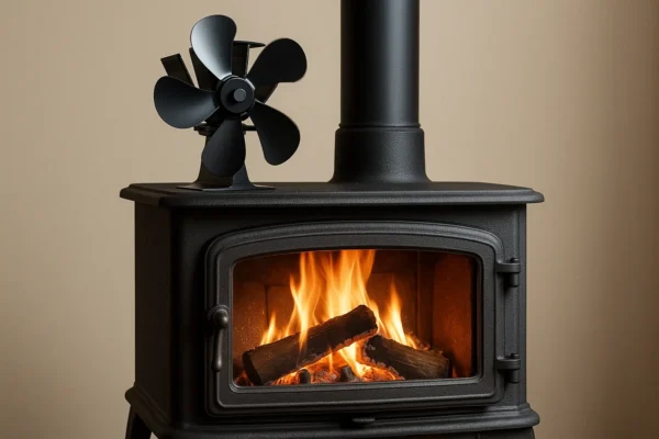 Wood stove fan heat powered
