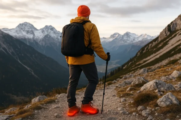 a hiker using Rechargeable Heated Insoles for Cold Feet and Outdoor Work
