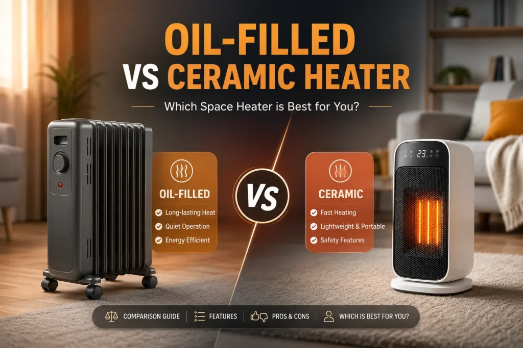 Oil-filled vs ceramic heater comparison showing two types of space heaters