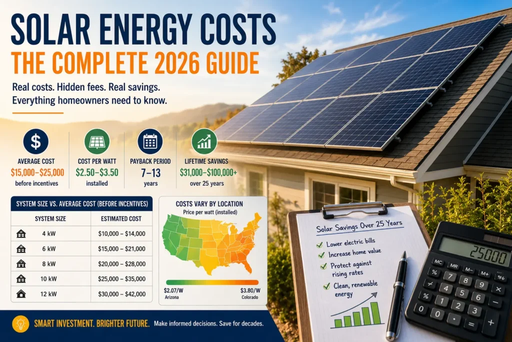 Residential rooftop solar panels with clean modern design illustrating solar energy costs and savings in 2026.