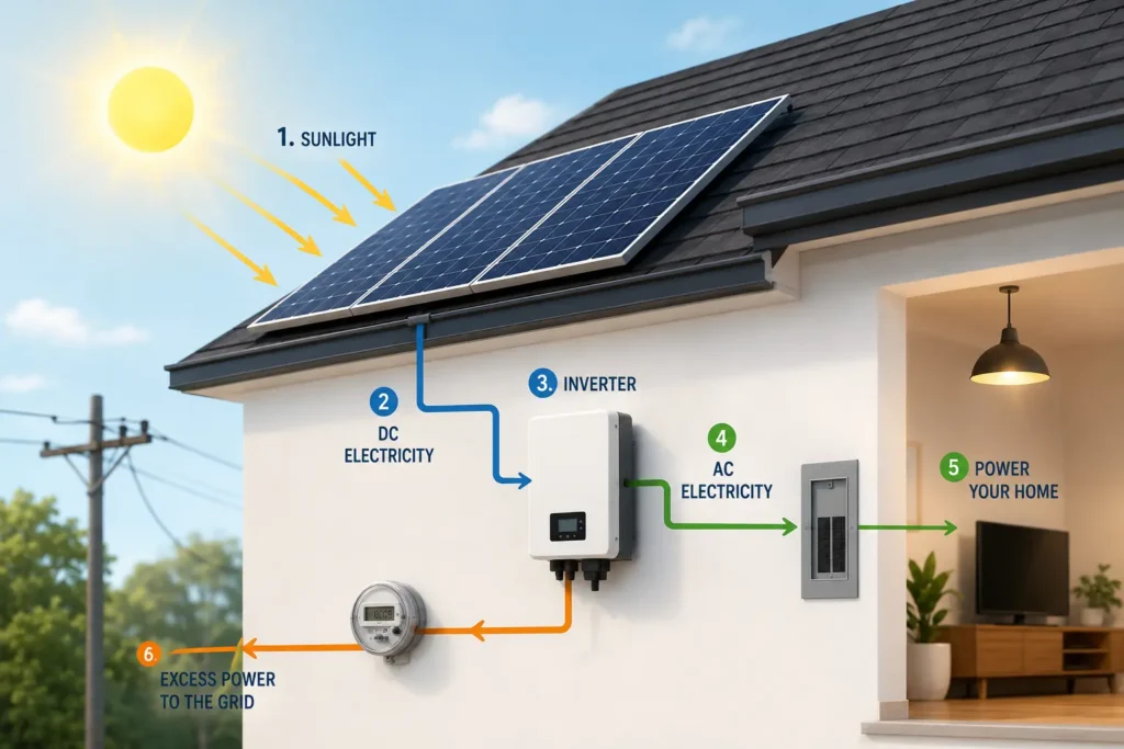 Illustration showing how rooftop solar energy works, with sunlight hitting solar panels on a house roof, electricity flowing to an inverter, converting from DC to AC power, supplying the home, and sending excess energy back to the grid.