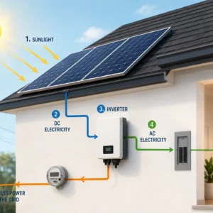 Illustration showing how rooftop solar energy works, with sunlight hitting solar panels on a house roof, electricity flowing to an inverter, converting from DC to AC power, supplying the home, and sending excess energy back to the grid.