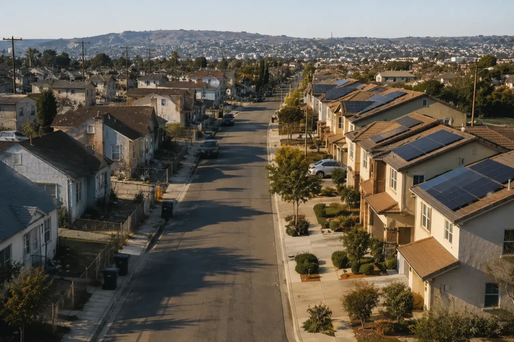 Residential street with some homes having rooftop solar panels and others without, illustrating the solar energy affordability gap.