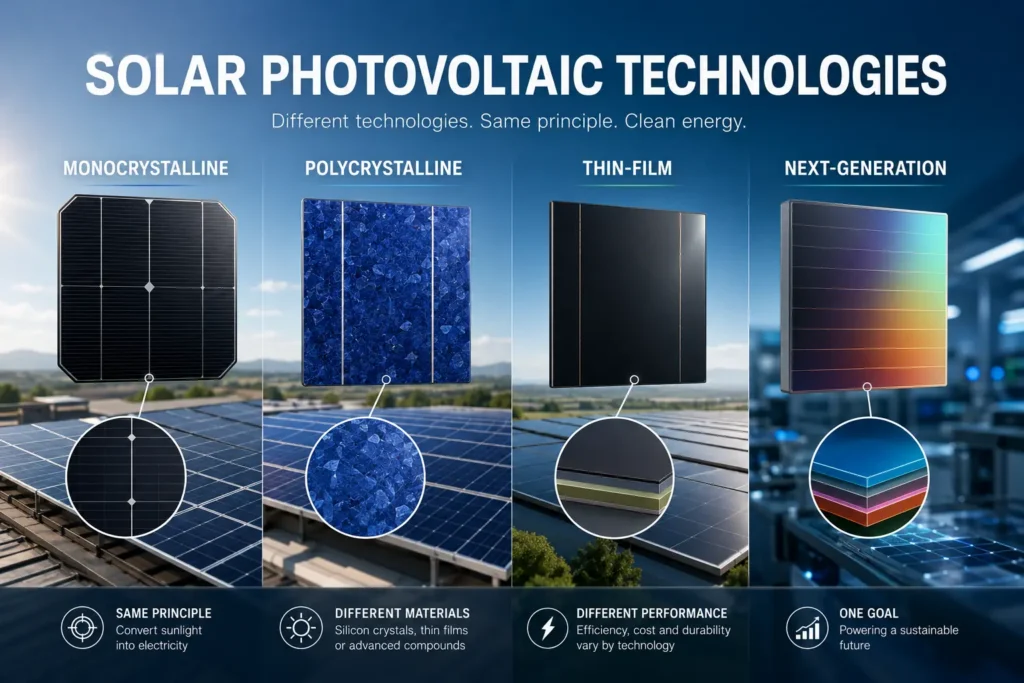Comparison of monocrystalline, polycrystalline and thin-film solar panels side by side