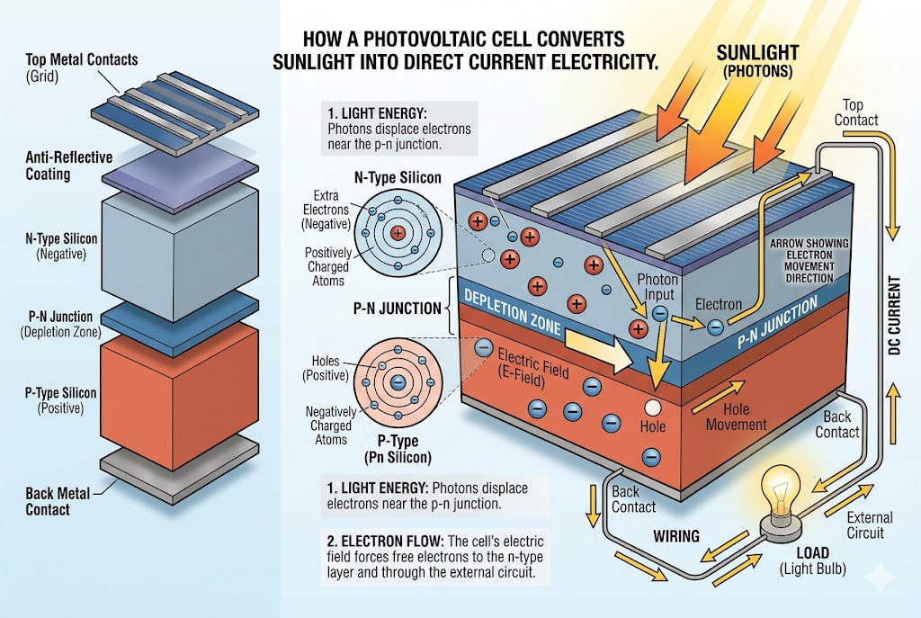 Detailed 3D infographic diagram showing how a photovoltaic solar cell converts sunlight into DC electricity. It illustrates an exploded view of layers including the n-type silicon, p-n junction, and p-type silicon. The main cross-section shows photons striking the cell, displacing electrons, and driving them through an external circuit to power a light bulb.
