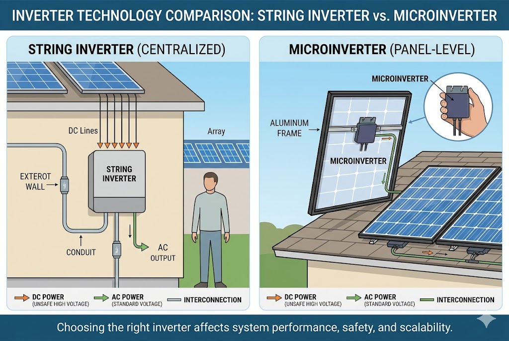 An infographic illustrating microinverter technology, showing a close-up of a hand holding the device and diagrams of its attachment to a solar panel array on a roof to convert DC power.