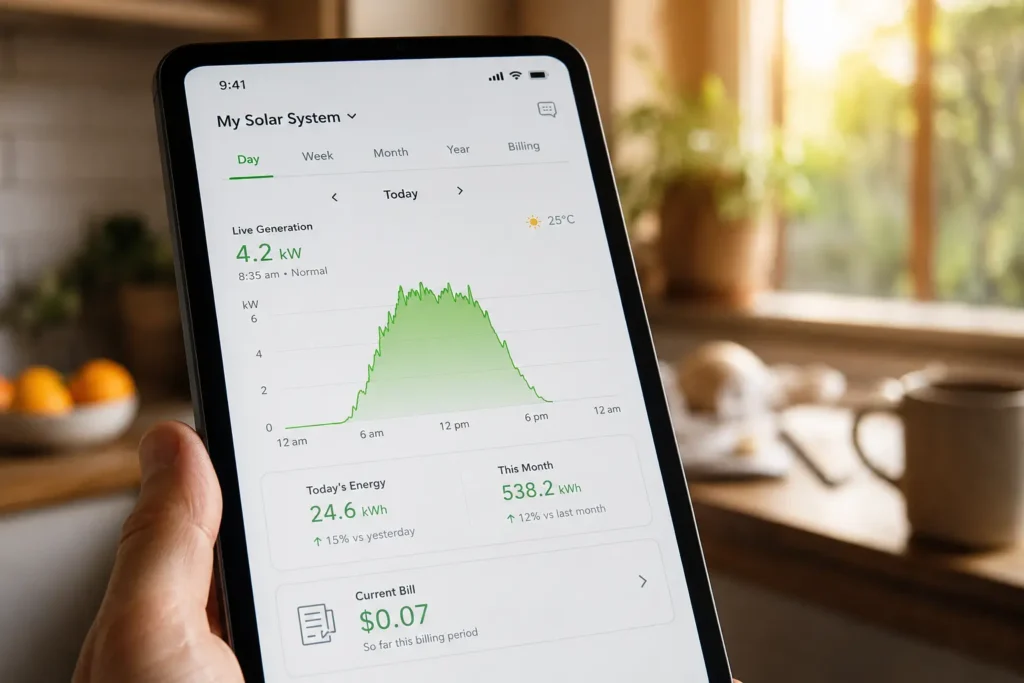 Homeowner checking a solar monitoring app on a smartphone showing real-time energy generation and a near-zero electricity bill, demonstrating how solar energy reduces electricity costs.