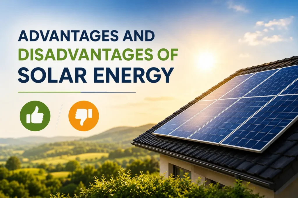 Rooftop solar panels on a home surrounded by green landscape, representing the advantages and disadvantages of solar energy for homeowners