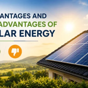 Rooftop solar panels on a home surrounded by green landscape, representing the advantages and disadvantages of solar energy for homeowners