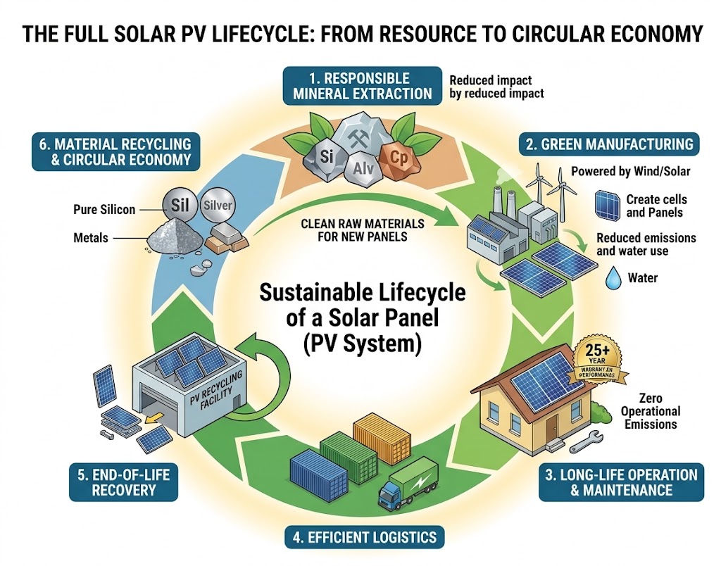 A lifecycle diagram of a solar panel system detailing the 6 stages of a circular economy: mineral extraction, green manufacturing, long-life operation, efficient logistics, end-of-life recovery, and material recycling.