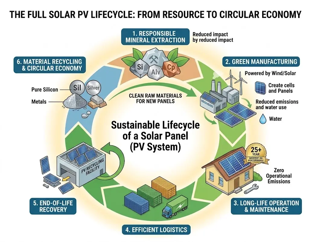 A lifecycle diagram of a solar panel system detailing the 6 stages of a circular economy: mineral extraction, green manufacturing, long-life operation, efficient logistics, end-of-life recovery, and material recycling.