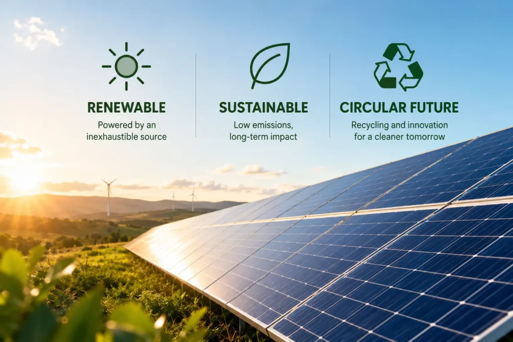 Solar panels generating clean electricity in a sunny landscape, illustrating renewable and sustainable solar energy.