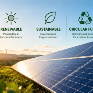 Solar panels generating clean electricity in a sunny landscape, illustrating renewable and sustainable solar energy.