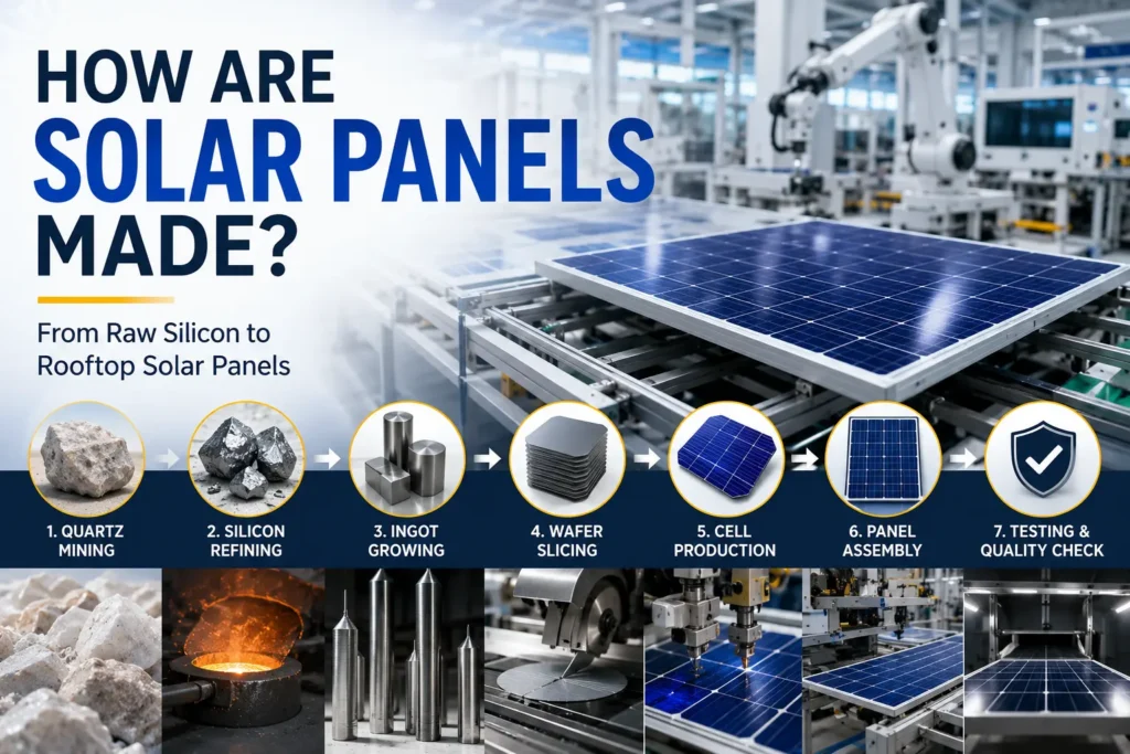 Infographic showing how solar panels are made from quartz sand and silicon through solar cell production, panel assembly, and quality testing.