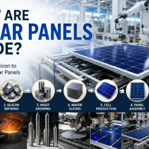 Infographic showing how solar panels are made from quartz sand and silicon through solar cell production, panel assembly, and quality testing.