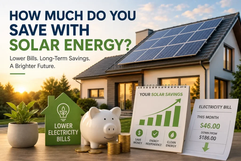 Modern home with rooftop solar panels, reduced electricity bills, and illustrations of long-term solar energy savings.