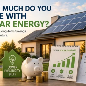 Modern home with rooftop solar panels, reduced electricity bills, and illustrations of long-term solar energy savings.