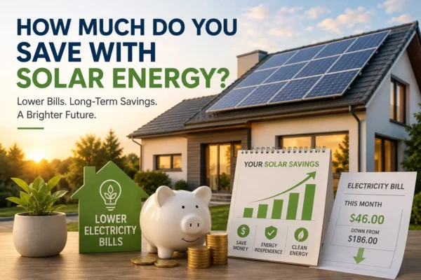 Modern home with rooftop solar panels, reduced electricity bills, and illustrations of long-term solar energy savings.