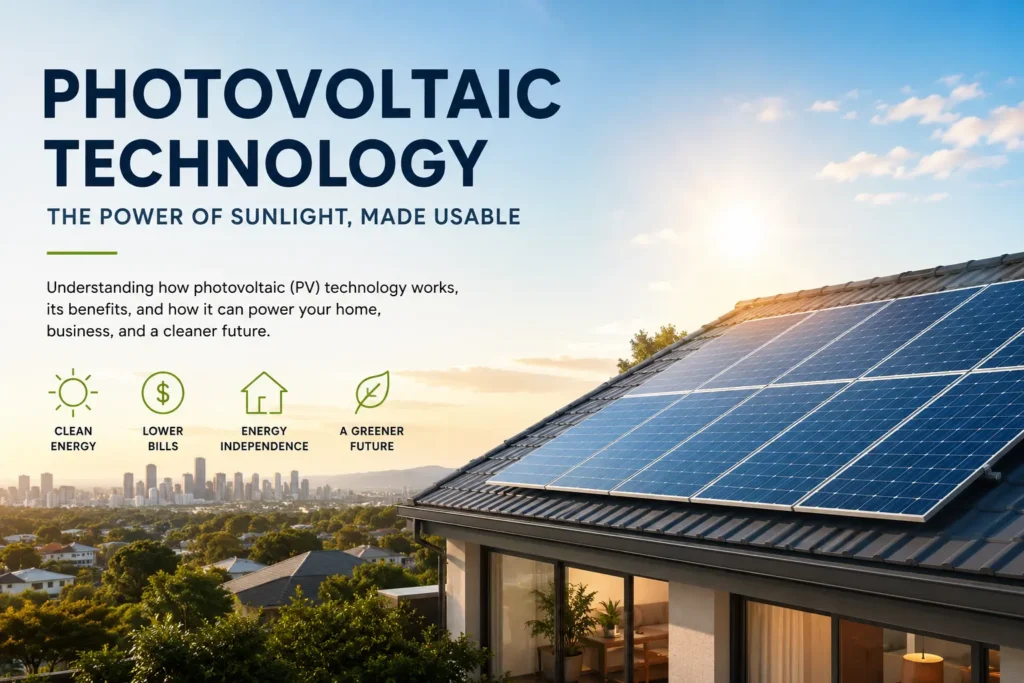 Modern Australian home with rooftop solar photovoltaic panels generating electricity from sunlight, illustrating photovoltaic technology and solar PV systems.