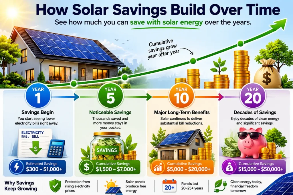 nfographic showing how solar energy savings build over time, with cumulative savings milestones at Years 1, 5, 10, and 20 and lower electricity bills from rooftop solar panels.