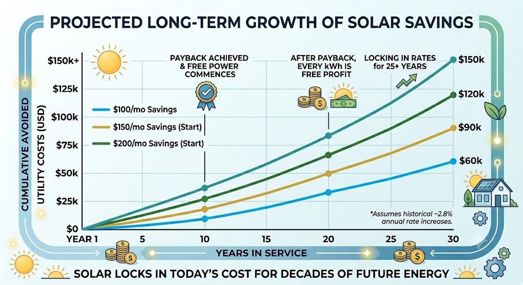 Line chart showing 30-year projected cumulative utility savings across three initial monthly tiers ($100, $150, $200) with 2.8% annual inflation. Key milestones highlight payback periods, the transition to net profit, and long-term compounding benefits.