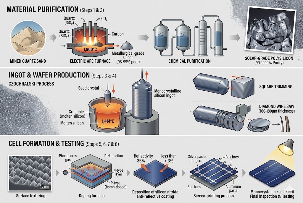 A comprehensive 3-panel infographic diagram showing how solar cells are made from raw quartz sand to a final tested monocrystalline solar cell.