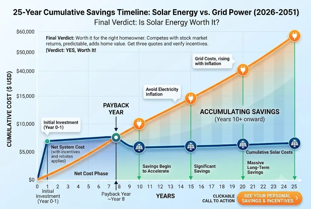 A 25-year line graph comparing cumulative costs between solar energy and traditional grid power. The grid cost line rises steadily with inflation, while the solar cost line flattens after an initial year-one investment. The two lines cross at a payback point around year 8, showing a rapidly widening gap of accumulated savings from year 10 through year 25.