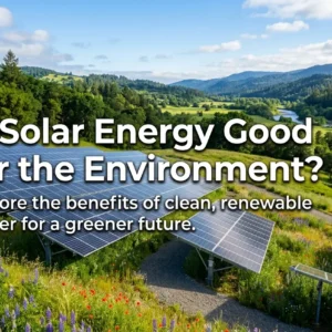 a large array of sleek solar panels installed on a vibrant green hills, The text overlays read, "Is Solar Energy Good for the Environment? Explore the benefits of clean, renewable power for a greener future."