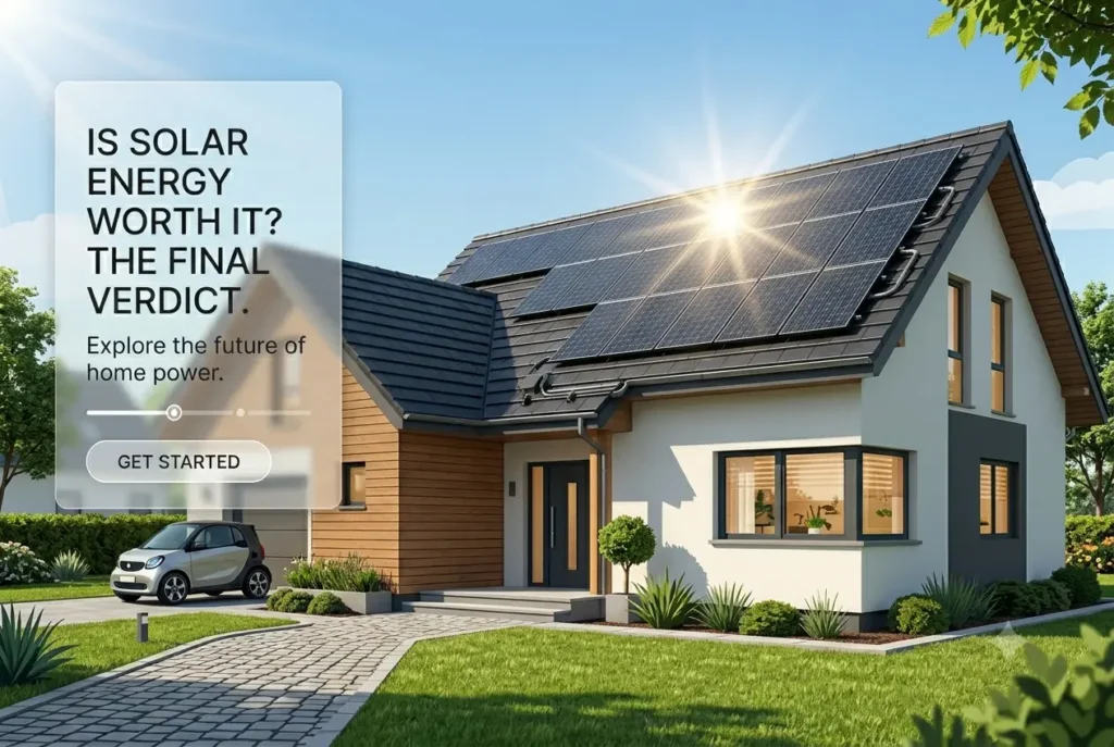 A modern two-story home with a sleek solar panel array installed on the dark roof, featuring a glass text overlay that reads 'Is Solar Energy Worth It? The Final Verdict.