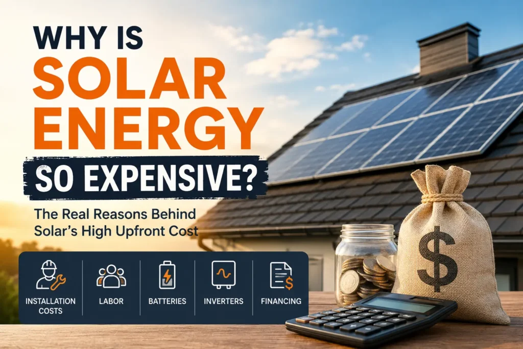 Solar panel installation on a residential rooftop with cost-related symbols illustrating why solar energy is expensive, including installation costs, labor, batteries, inverters, and financing.