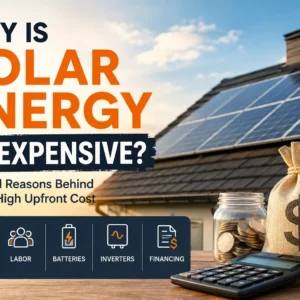 Solar panel installation on a residential rooftop with cost-related symbols illustrating why solar energy is expensive, including installation costs, labor, batteries, inverters, and financing.